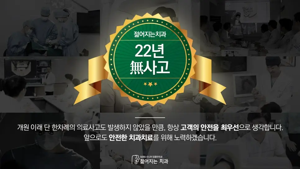 강남역 젊어지는치과 개원 이래 22년 무사고 진료를 상징하는 골드 엠블럼과 의료진 진료 현장 배경 이미지